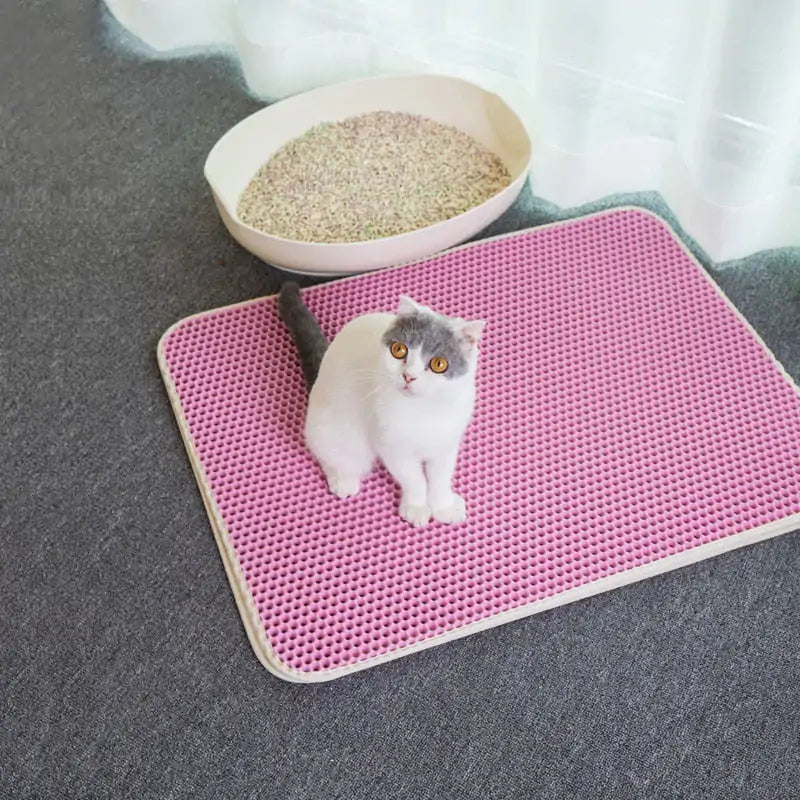pink litter mat with cat on top